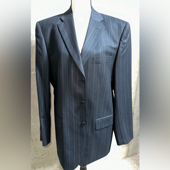 100% Italian wool/Super 120s/Navy multi striped/Mens suit/Jacket/2-pants - Picture 1 of 7
